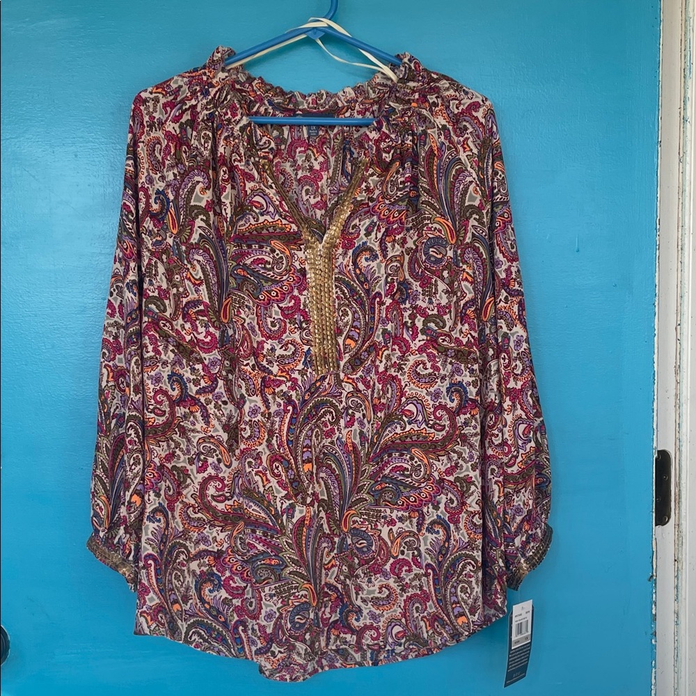 Democracy Paisley Tunic Bohemian Romantic Festival Gold Accent SZ 1X